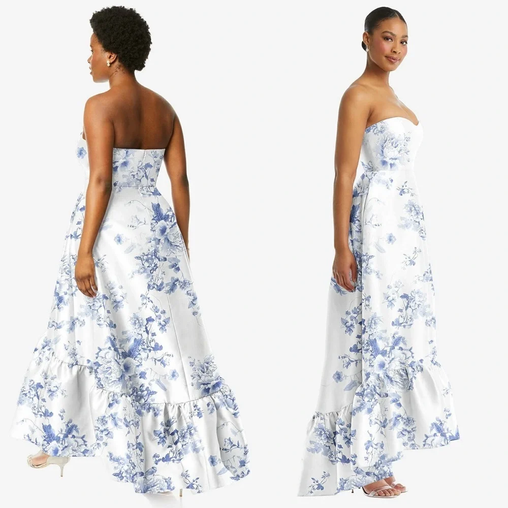 NWT ALFRED SUNG Floral Satin Twill Sweetheart Neck‎ Strapless Ruffle Hem Gown 14 - Picture 3 of 7